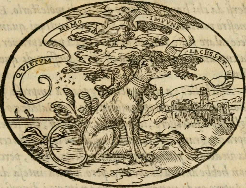 An illustration from Dialogo dell'imprese militari et amorose di Monsignor Giouio, vescouo di Nocera : et del S. Gabriel Symeoni fiorentino : con vn ragionamento di M. Lodouico Domenichi, nel medesimo soggetto : con la tauola, 1574, leaf 46
