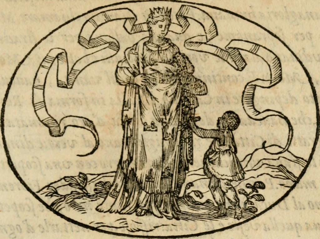 An illustration from Dialogo dell'imprese militari et amorose di Monsignor Giouio, vescouo di Nocera : et del S. Gabriel Symeoni fiorentino : con vn ragionamento di M. Lodouico Domenichi, nel medesimo soggetto : con la tauola, 1574, leaf 48