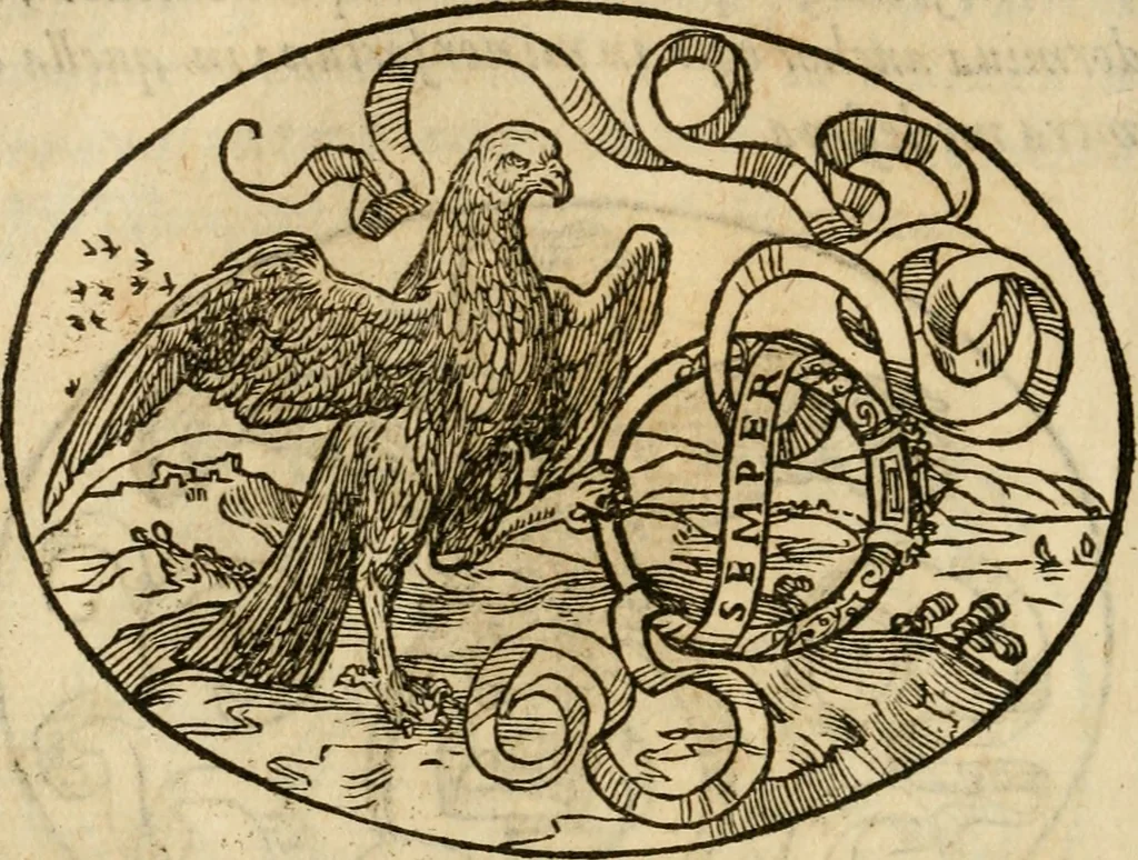 An illustration from Dialogo dell'imprese militari et amorose di Monsignor Giouio, vescouo di Nocera : et del S. Gabriel Symeoni fiorentino : con vn ragionamento di M. Lodouico Domenichi, nel medesimo soggetto : con la tauola, 1574, leaf 53