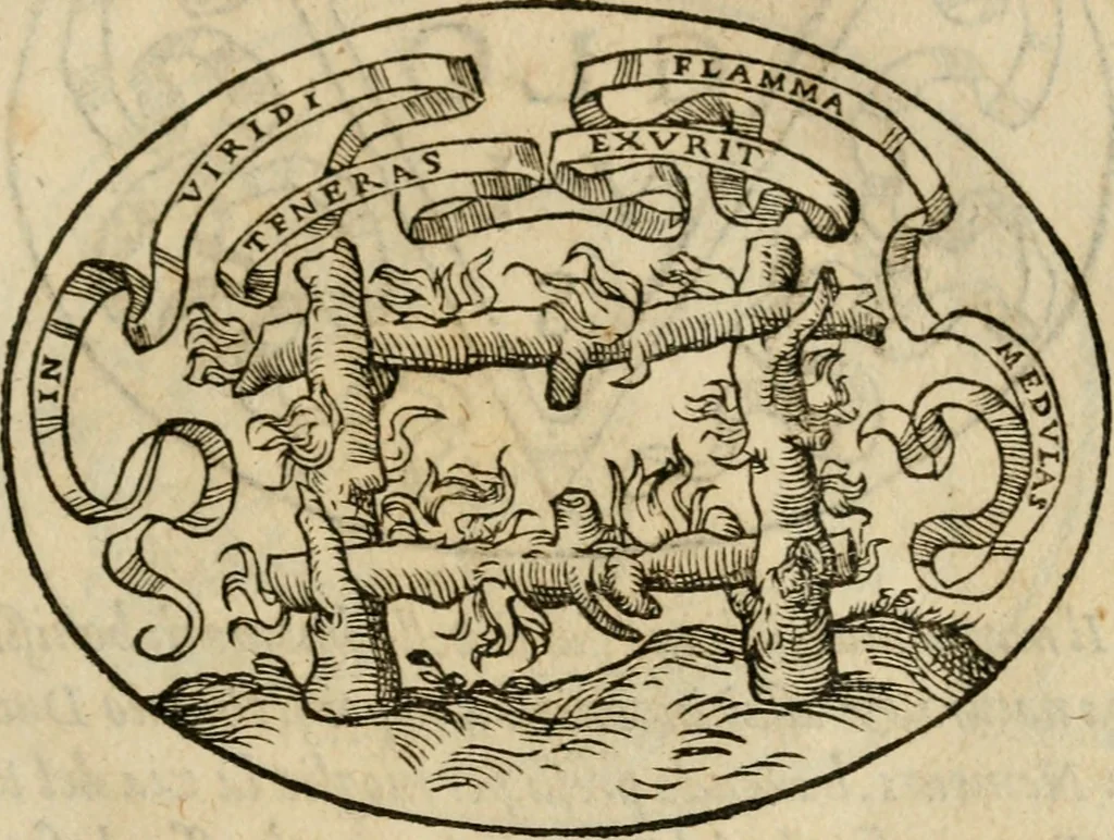 An illustration from Dialogo dell'imprese militari et amorose di Monsignor Giouio, vescouo di Nocera : et del S. Gabriel Symeoni fiorentino : con vn ragionamento di M. Lodouico Domenichi, nel medesimo soggetto : con la tauola, 1574, leaf 54