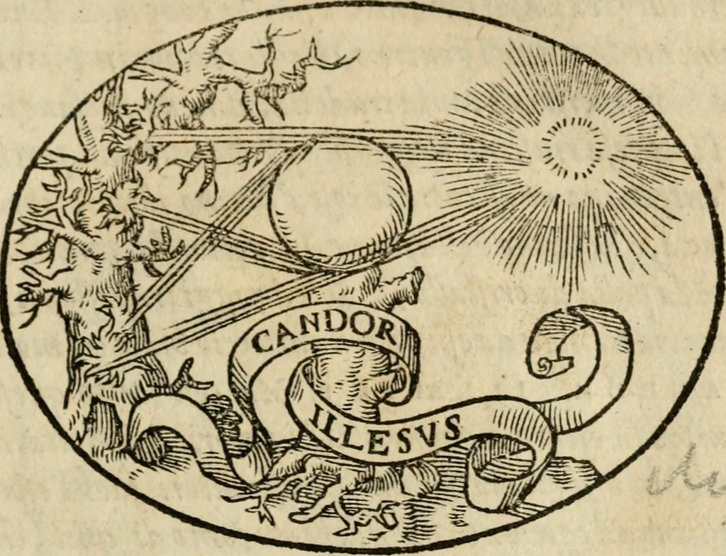 An illustration from Dialogo dell'imprese militari et amorose di Monsignor Giouio, vescouo di Nocera : et del S. Gabriel Symeoni fiorentino : con vn ragionamento di M. Lodouico Domenichi, nel medesimo soggetto : con la tauola, 1574, leaf 56