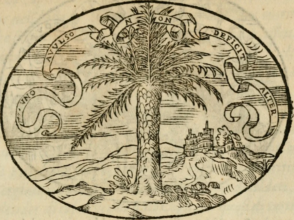An illustration from Dialogo dell'imprese militari et amorose di Monsignor Giouio, vescouo di Nocera : et del S. Gabriel Symeoni fiorentino : con vn ragionamento di M. Lodouico Domenichi, nel medesimo soggetto : con la tauola, 1574, leaf 64