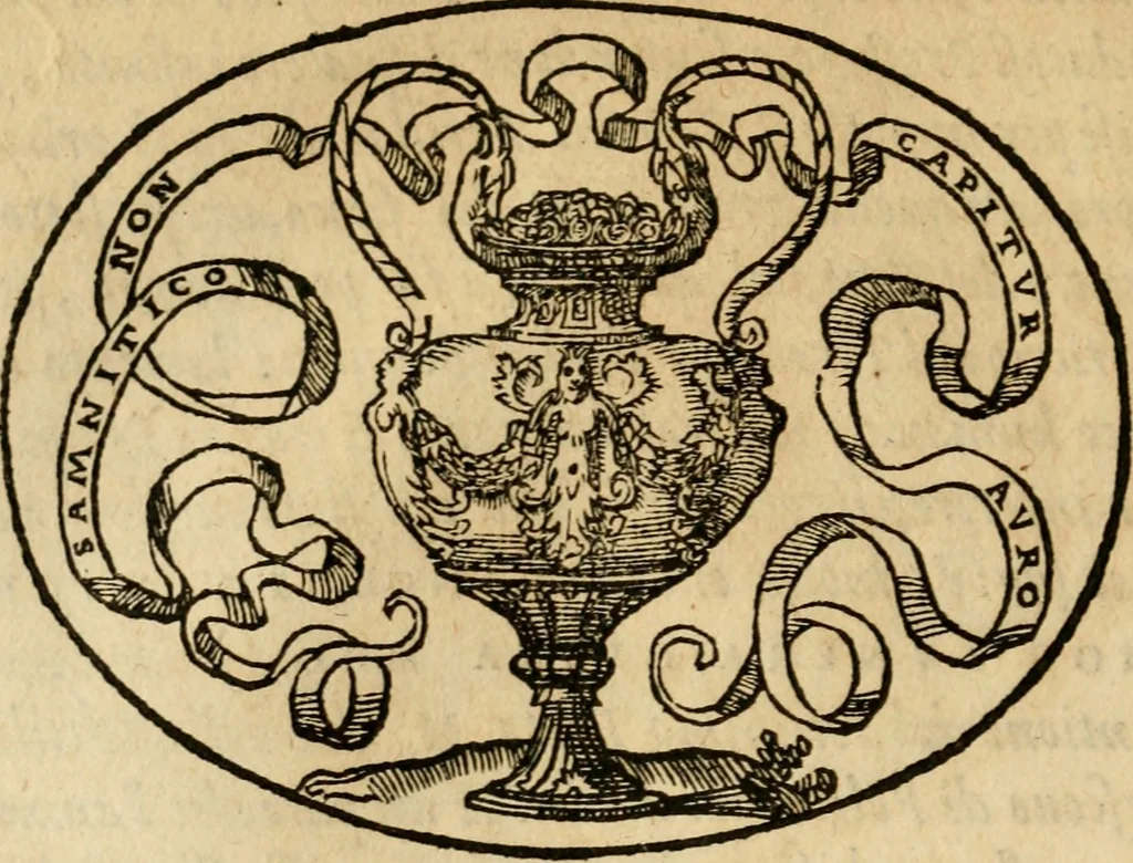 An illustration from Dialogo dell'imprese militari et amorose di Monsignor Giouio, vescouo di Nocera : et del S. Gabriel Symeoni fiorentino : con vn ragionamento di M. Lodouico Domenichi, nel medesimo soggetto : con la tauola, 1574, leaf 71