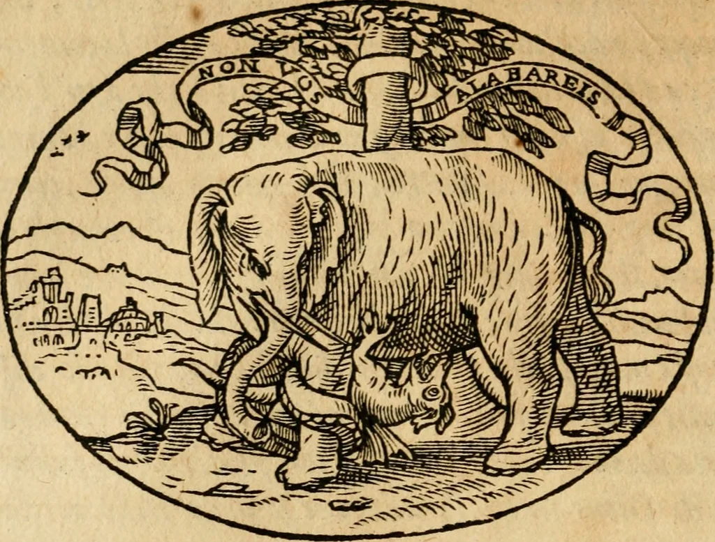 An illustration from Dialogo dell'imprese militari et amorose di Monsignor Giouio, vescouo di Nocera : et del S. Gabriel Symeoni fiorentino : con vn ragionamento di M. Lodouico Domenichi, nel medesimo soggetto : con la tauola, 1574, leaf 91