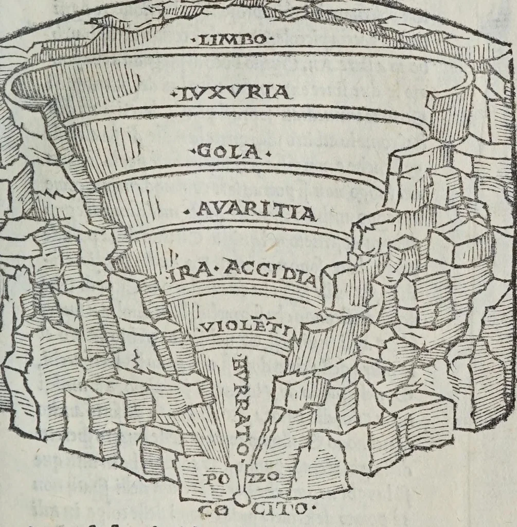 An illustration from Dialogo di Antonio Manetti ... circa al sito, forma, & misure dello Inferno di Dante Alighieri poeta excellentissimo, 1506, leaf 103