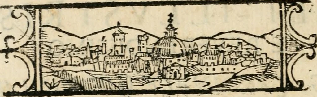 An illustration from Dialogo di d. Crisostomo Talenti monaco di Vallombrosa, per le felicissime nozze de serenissimi di Toscana, 1608, leaf 5