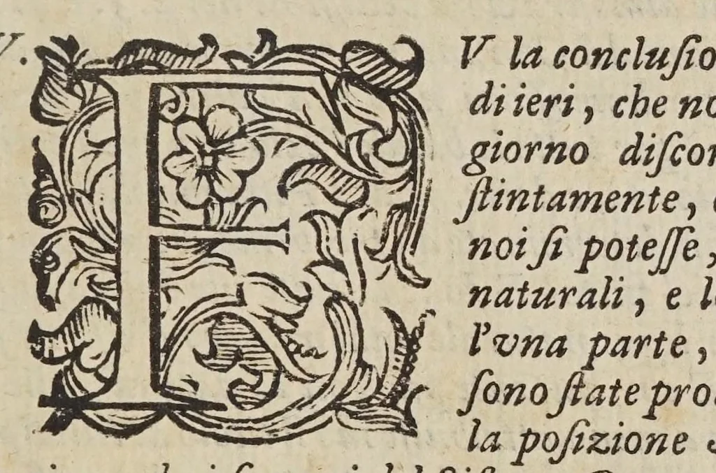 An illustration from Dialogo di Galileo Galilei ... : doue ne i congressi di quattro giornate si discorre sopra i due massimi sistemi del mondo tolemaico, e copernicano : proponendo indeterminatamente le ragioni filosofiche, e naturali tanto per l'una, quanto per l'altra parte, 1632, leaf 15
