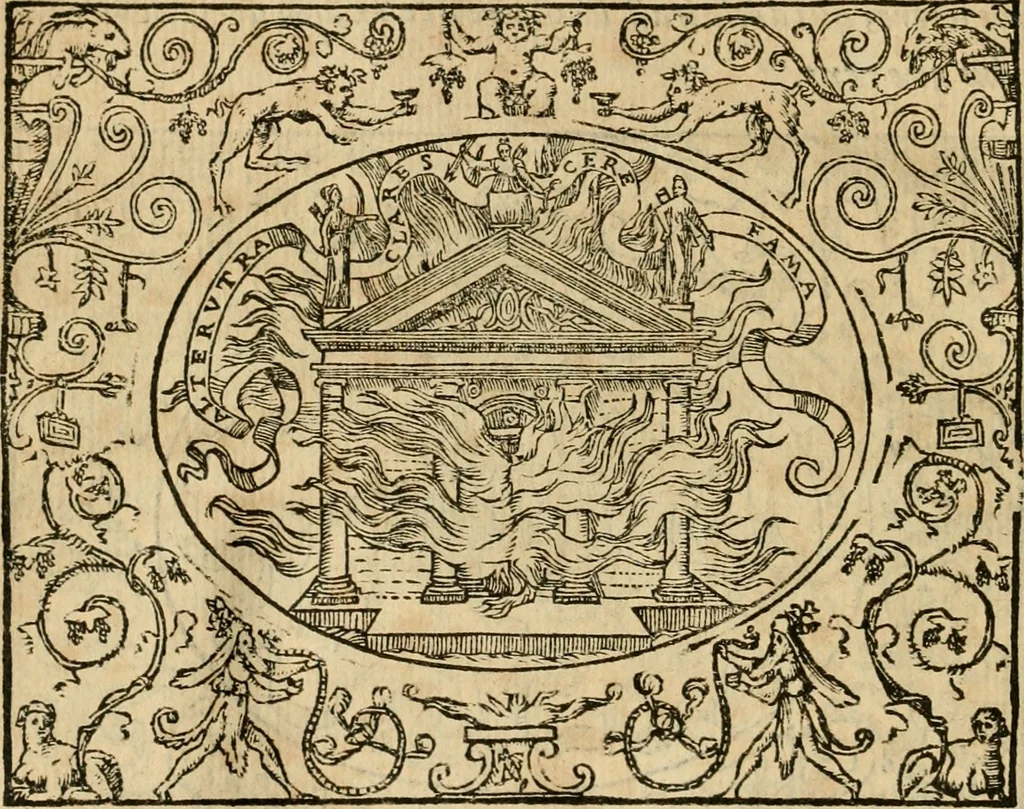 An illustration from Dialogue des devises d'armes et d'amovrs du S. Pavlo Iovio : avec un discours M. Loys Dominique sur le mesme subiet, 1561, leaf 117