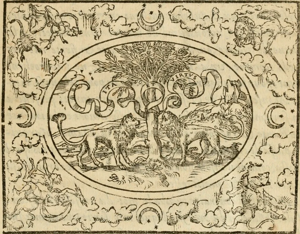 An illustration from Dialogue des devises d'armes et d'amovrs du S. Pavlo Iovio : avec un discours M. Loys Dominique sur le mesme subiet, 1561, leaf 16