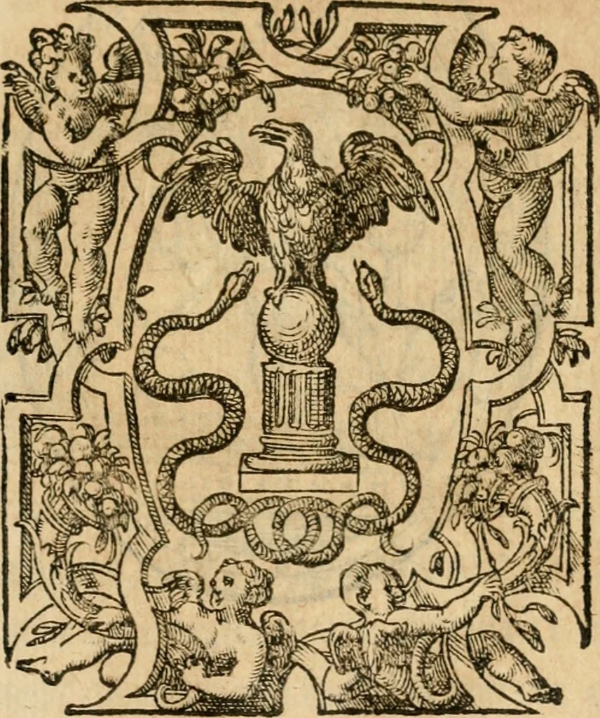 An illustration from Dialogue des devises d'armes et d'amovrs du S. Pavlo Iovio : avec un discours M. Loys Dominique sur le mesme subiet, 1561, leaf 216