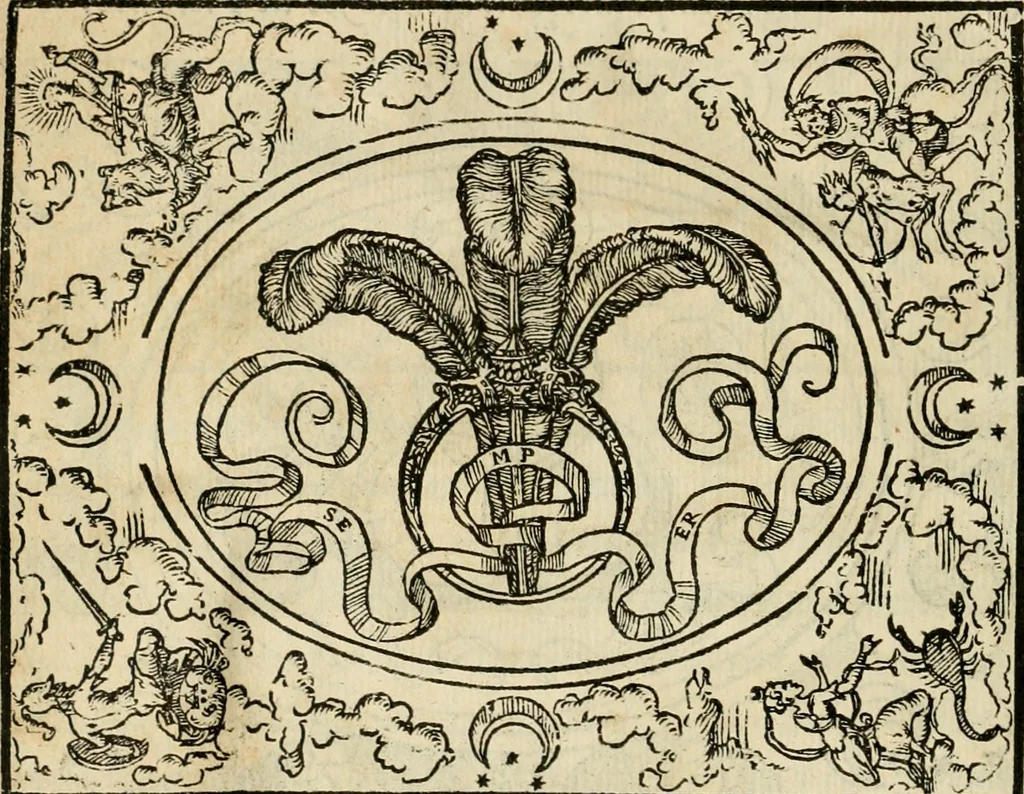 An illustration from Dialogue des devises d'armes et d'amovrs du S. Pavlo Iovio : avec un discours M. Loys Dominique sur le mesme subiet, 1561, leaf 45