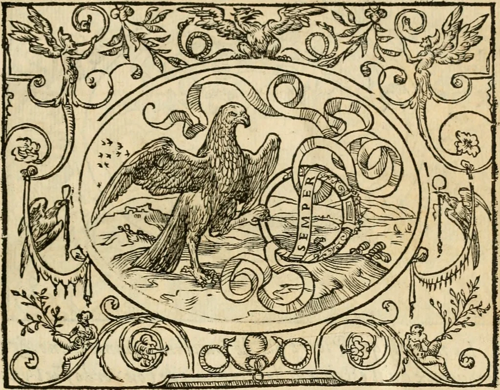 An illustration from Dialogue des devises d'armes et d'amovrs du S. Pavlo Iovio : avec un discours M. Loys Dominique sur le mesme subiet, 1561, leaf 46
