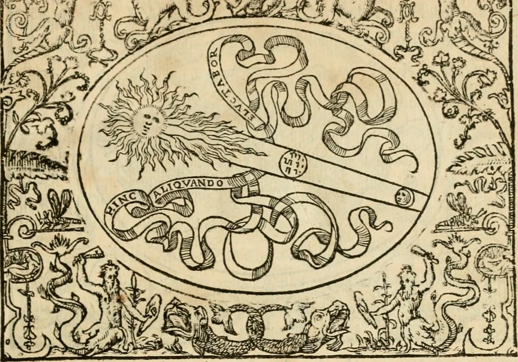 An illustration from Dialogue des devises d'armes et d'amovrs du S. Pavlo Iovio : avec un discours M. Loys Dominique sur le mesme subiet, 1561, leaf 52