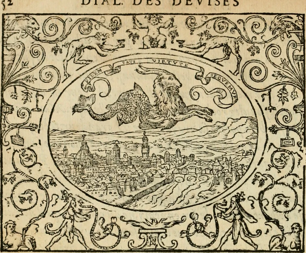 An illustration from Dialogue des devises d'armes et d'amovrs du S. Pavlo Iovio : avec un discours M. Loys Dominique sur le mesme subiet, 1561, leaf 55