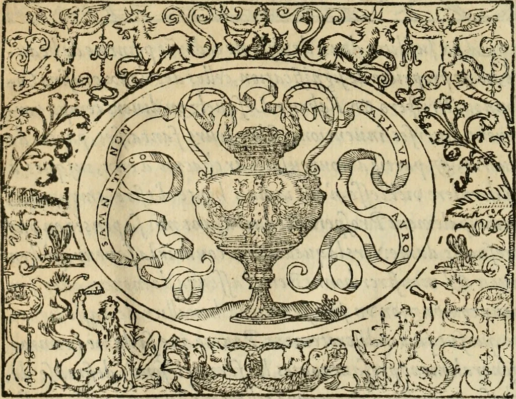 An illustration from Dialogue des devises d'armes et d'amovrs du S. Pavlo Iovio : avec un discours M. Loys Dominique sur le mesme subiet, 1561, leaf 63