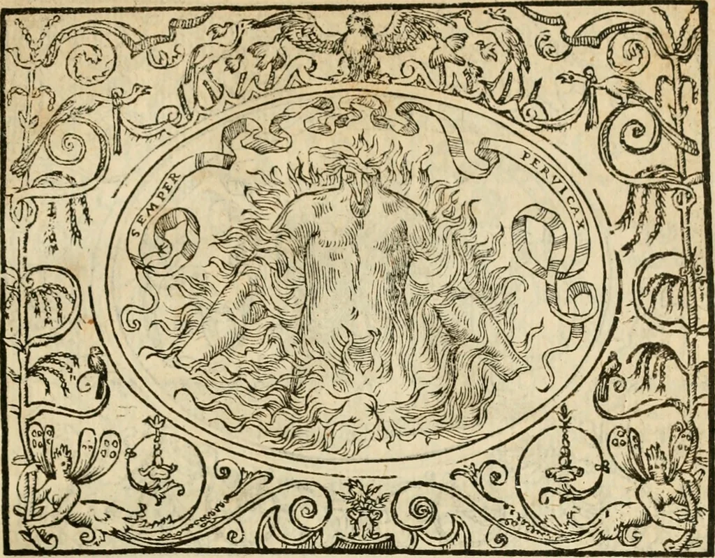 An illustration from Dialogue des devises d'armes et d'amovrs du S. Pavlo Iovio : avec un discours M. Loys Dominique sur le mesme subiet, 1561, leaf 68