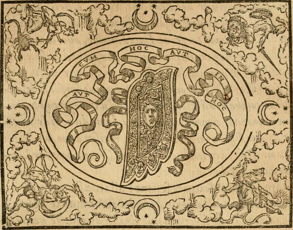 An illustration from Dialogue des devises d'armes et d'amovrs du S. Pavlo Iovio : avec un discours M. Loys Dominique sur le mesme subiet, 1561, leaf 94
