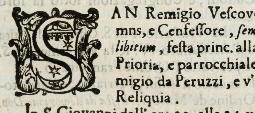 An illustration from Diario sacro e guida perpetua per visitare le chiese della città di Firenze, e suoi sobborghi in tutt' i giorni dell' anno, e per sapere le feste, che vi si celebrano, l' indulgenze perpetue che vi s' accquistano, e gl' esercizj di devozione, e pietà che vi si fanno : con una notizia de' corpi, e reliquie di santi, che in esse chiese si conservano, ed un catalogo de SS. e BB. che in essa città fiorirono, ed altre particolarità, 1700, leaf 217