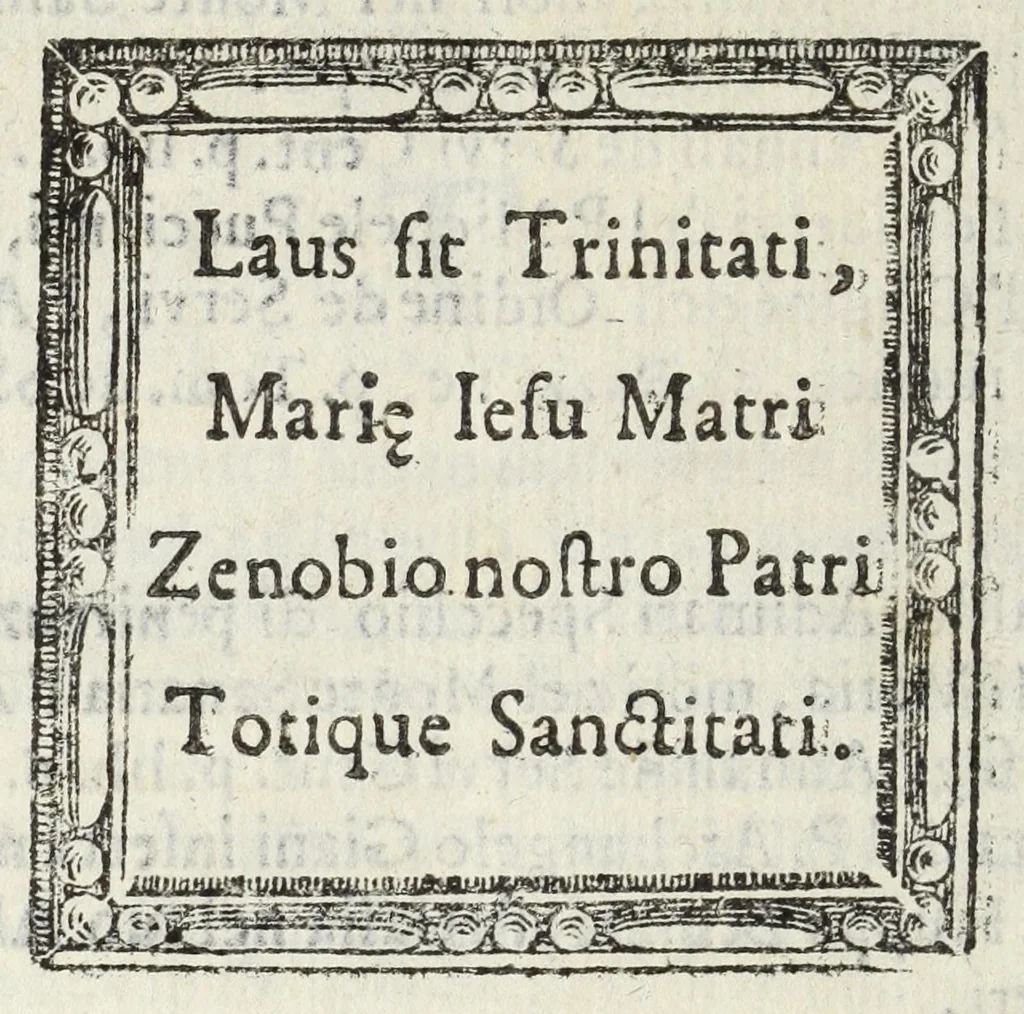 An illustration from Diario sacro e guida perpetua per visitare le chiese della città di Firenze, e suoi sobborghi in tutt' i giorni dell' anno, e per sapere le feste, che vi si celebrano, l' indulgenze perpetue che vi s' accquistano, e gl' esercizj di devozione, e pietà che vi si fanno : con una notizia de' corpi, e reliquie di santi, che in esse chiese si conservano, ed un catalogo de SS. e BB. che in essa città fiorirono, ed altre particolarità, 1700, leaf 478