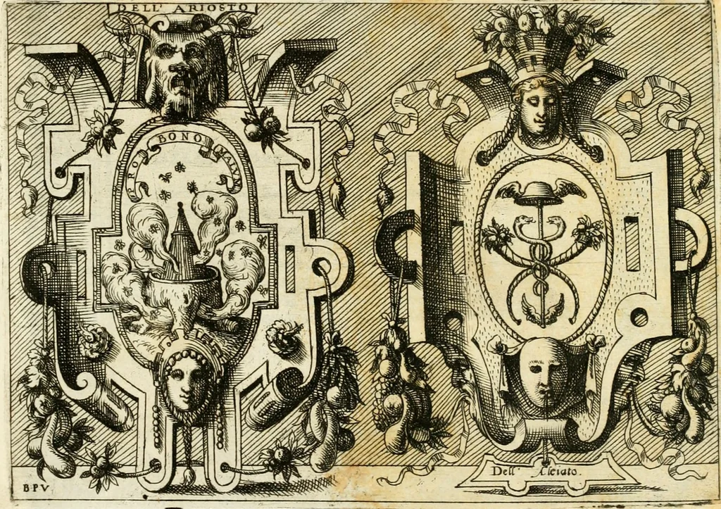 An illustration from Di Battista Pittoni pittore vicentino Imprese di diversi prencipi, dvchi, signori, e d'altri personaggi et hvomini letterati et illvstri : con alcune stanze del Dolce che dichiarano i motti di esse imprese, 1562, leaf 154
