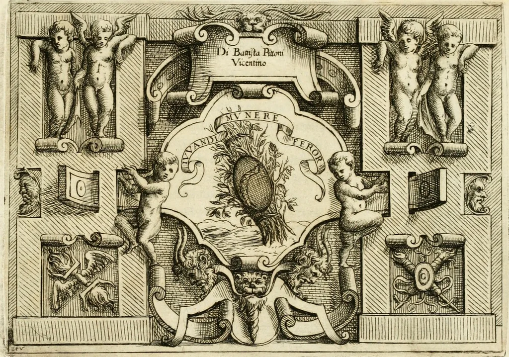 An illustration from Di Battista Pittoni pittore vicentino Imprese di diversi prencipi, dvchi, signori, e d'altri personaggi et hvomini letterati et illvstri : con alcune stanze del Dolce che dichiarano i motti di esse imprese, 1562, leaf 210