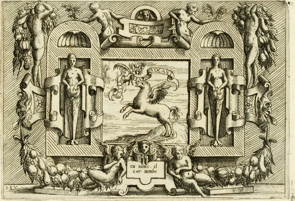 An illustration from Di Battista Pittoni pittore vicentino Imprese di diversi prencipi, dvchi, signori, e d'altri personaggi et hvomini letterati et illvstri : con alcune stanze del Dolce che dichiarano i motti di esse imprese, 1562, leaf 46