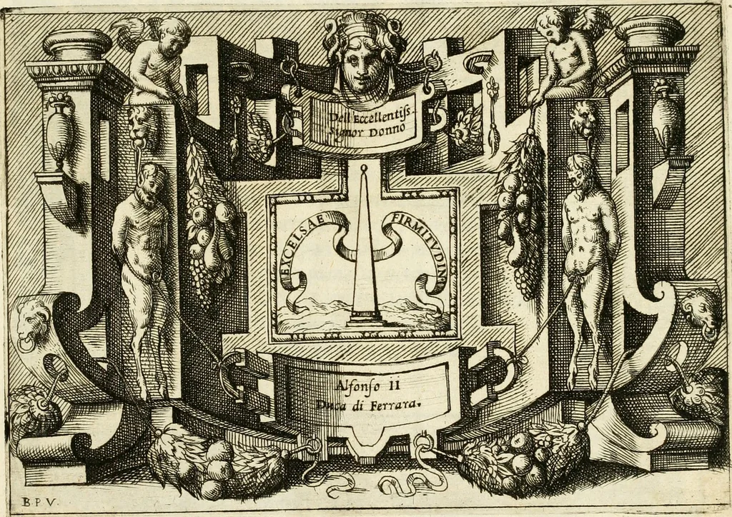 An illustration from Di Battista Pittoni pittore vicentino Imprese di diversi prencipi, dvchi, signori, e d'altri personaggi et hvomini letterati et illvstri : con alcune stanze del Dolce che dichiarano i motti di esse imprese, 1562, leaf 6