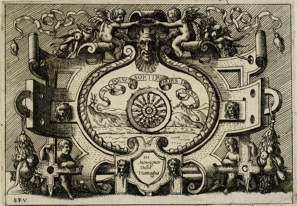 An illustration from Di Battista Pittoni pittore vicentino Imprese di diuersi prencipi, duchi, signori, e d’altri personaggi et huomini letterati et illustri : con alcune stanze del Dolce che dichiarano i motti di esse imprese., 1562, leaf 104