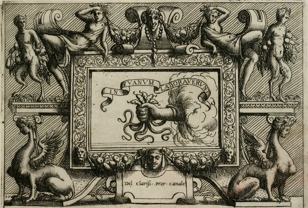 An illustration from Di Battista Pittoni pittore vicentino Imprese di diuersi prencipi, duchi, signori, e d’altri personaggi et huomini letterati et illustri : con alcune stanze del Dolce che dichiarano i motti di esse imprese., 1562, leaf 112