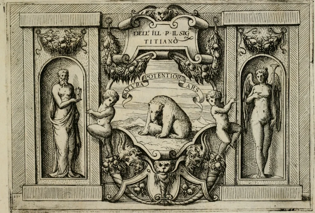An illustration from Di Battista Pittoni pittore vicentino Imprese di diuersi prencipi, duchi, signori, e d’altri personaggi et huomini letterati et illustri : con alcune stanze del Dolce che dichiarano i motti di esse imprese., 1562, leaf 208