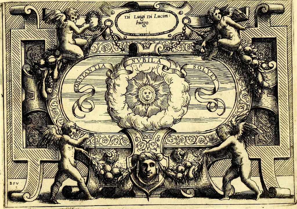 An illustration from Di Battista Pittoni pittore vicentino ano. M.D.LXVIII Impresse di diversi prencipi, dvchi, signori, e d'altri personaggi et hvomini letterati et illvstri. Con priuillegio di Venetia per anni XV. Con alcune stanze del Dolce che dichiarano i motti di esse imprese, 1562, leaf 100