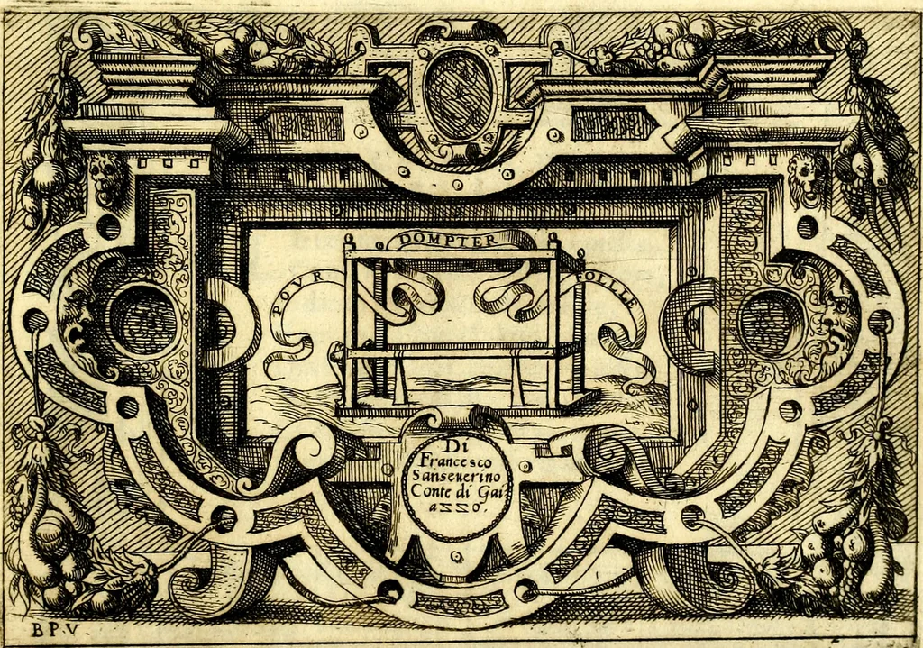 An illustration from Di Battista Pittoni pittore vicentino ano. M.D.LXVIII Impresse di diversi prencipi, dvchi, signori, e d'altri personaggi et hvomini letterati et illvstri. Con priuillegio di Venetia per anni XV. Con alcune stanze del Dolce che dichiarano i motti di esse imprese, 1562, leaf 108