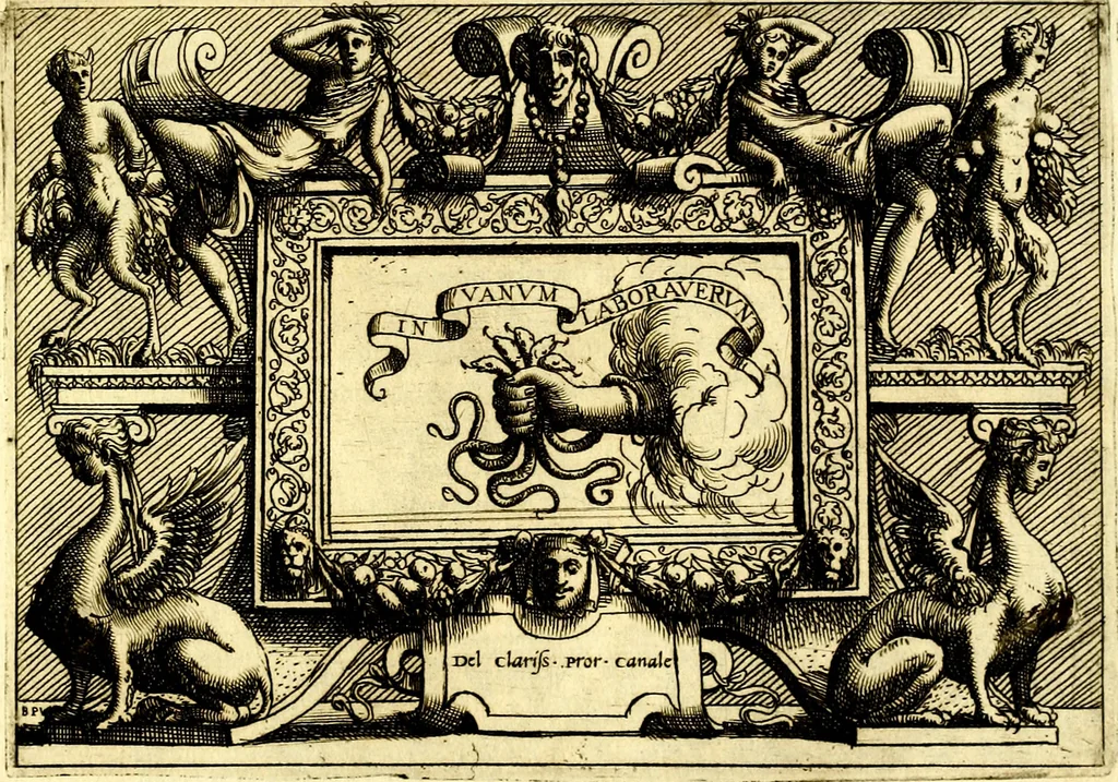 An illustration from Di Battista Pittoni pittore vicentino ano. M.D.LXVIII Impresse di diversi prencipi, dvchi, signori, e d'altri personaggi et hvomini letterati et illvstri. Con priuillegio di Venetia per anni XV. Con alcune stanze del Dolce che dichiarano i motti di esse imprese, 1562, leaf 112