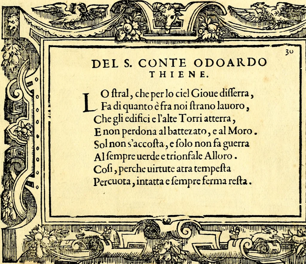 An illustration from Di Battista Pittoni pittore vicentino ano. M.D.LXVIII Impresse di diversi prencipi, dvchi, signori, e d'altri personaggi et hvomini letterati et illvstri. Con priuillegio di Venetia per anni XV. Con alcune stanze del Dolce che dichiarano i motti di esse imprese, 1562, leaf 122