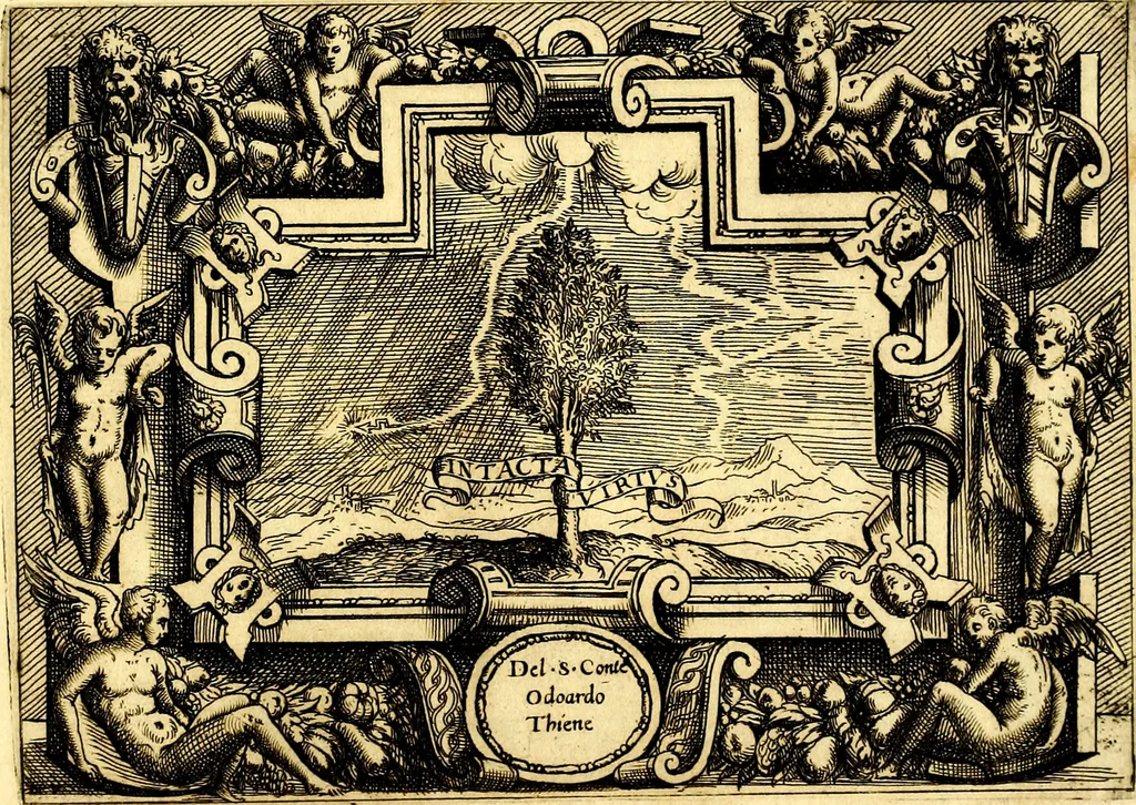 An illustration from Di Battista Pittoni pittore vicentino ano. M.D.LXVIII Impresse di diversi prencipi, dvchi, signori, e d'altri personaggi et hvomini letterati et illvstri. Con priuillegio di Venetia per anni XV. Con alcune stanze del Dolce che dichiarano i motti di esse imprese, 1562, leaf 124
