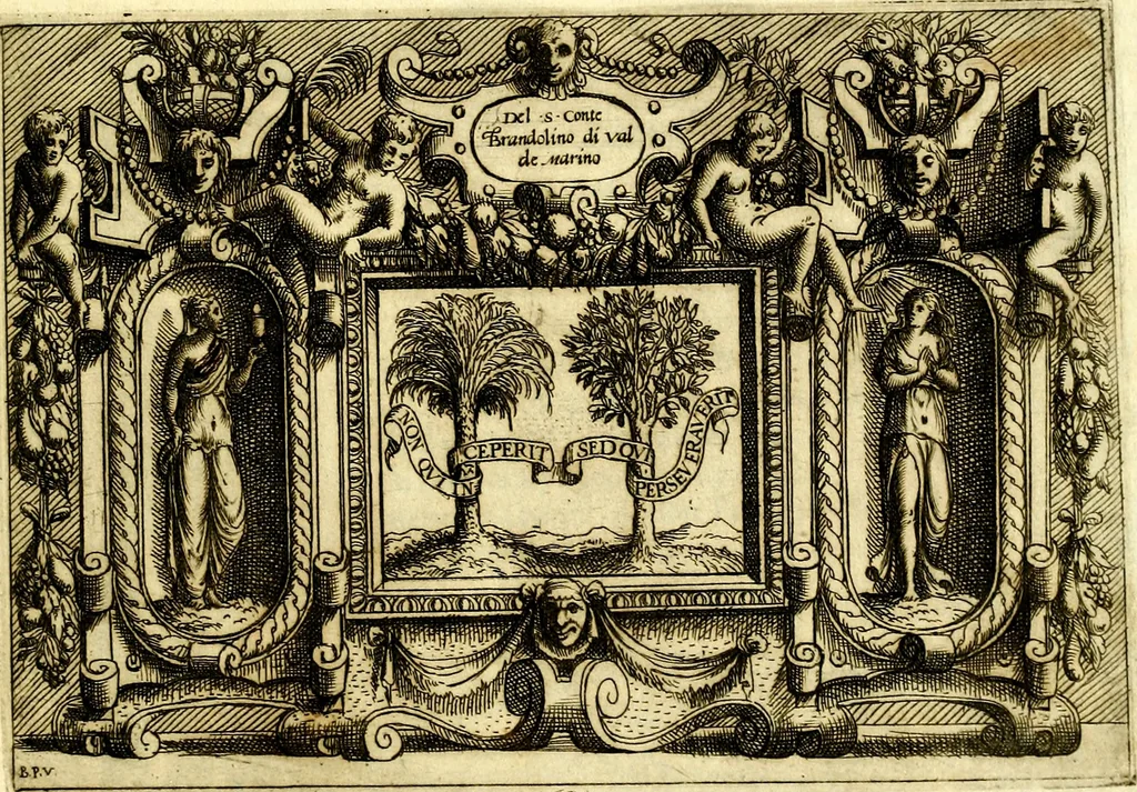 An illustration from Di Battista Pittoni pittore vicentino ano. M.D.LXVIII Impresse di diversi prencipi, dvchi, signori, e d'altri personaggi et hvomini letterati et illvstri. Con priuillegio di Venetia per anni XV. Con alcune stanze del Dolce che dichiarano i motti di esse imprese, 1562, leaf 128