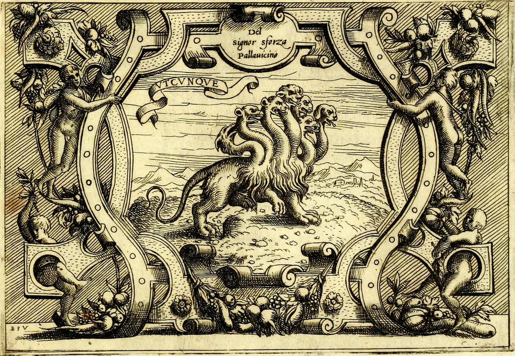 An illustration from Di Battista Pittoni pittore vicentino ano. M.D.LXVIII Impresse di diversi prencipi, dvchi, signori, e d'altri personaggi et hvomini letterati et illvstri. Con priuillegio di Venetia per anni XV. Con alcune stanze del Dolce che dichiarano i motti di esse imprese, 1562, leaf 140