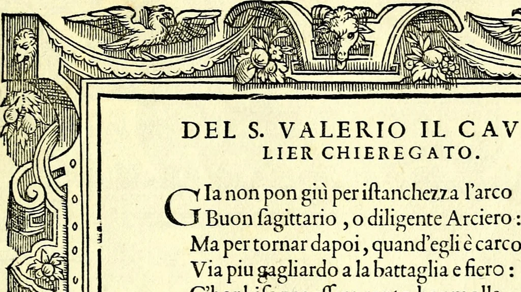 An illustration from Di Battista Pittoni pittore vicentino ano. M.D.LXVIII Impresse di diversi prencipi, dvchi, signori, e d'altri personaggi et hvomini letterati et illvstri. Con priuillegio di Venetia per anni XV. Con alcune stanze del Dolce che dichiarano i motti di esse imprese, 1562, leaf 142