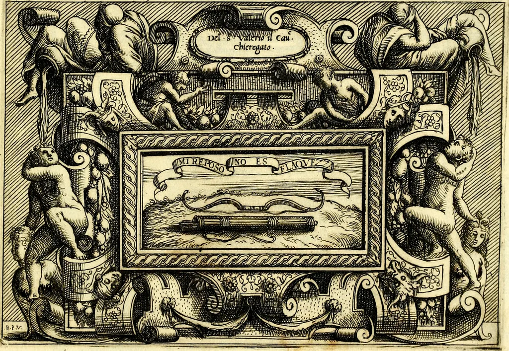 An illustration from Di Battista Pittoni pittore vicentino ano. M.D.LXVIII Impresse di diversi prencipi, dvchi, signori, e d'altri personaggi et hvomini letterati et illvstri. Con priuillegio di Venetia per anni XV. Con alcune stanze del Dolce che dichiarano i motti di esse imprese, 1562, leaf 144