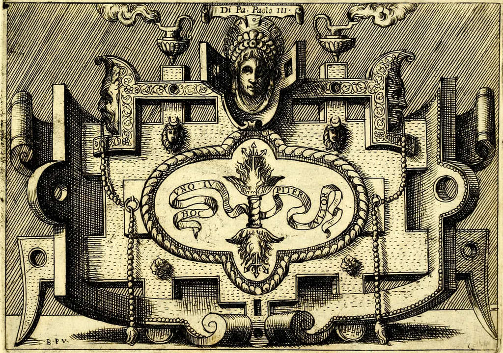 An illustration from Di Battista Pittoni pittore vicentino ano. M.D.LXVIII Impresse di diversi prencipi, dvchi, signori, e d'altri personaggi et hvomini letterati et illvstri. Con priuillegio di Venetia per anni XV. Con alcune stanze del Dolce che dichiarano i motti di esse imprese, 1562, leaf 16