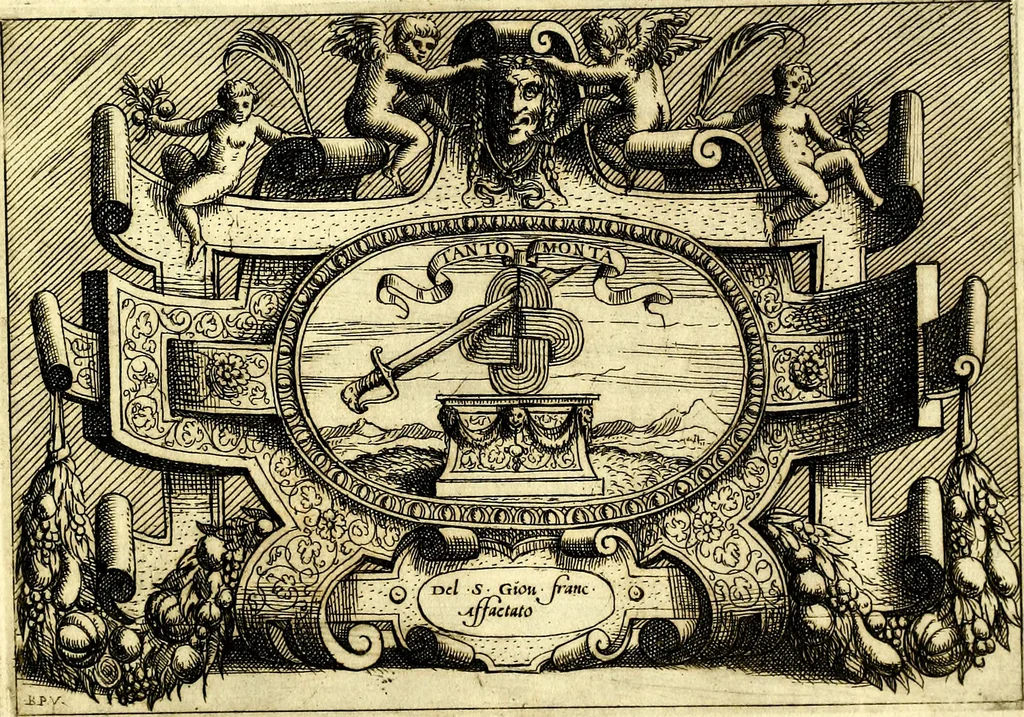 An illustration from Di Battista Pittoni pittore vicentino ano. M.D.LXVIII Impresse di diversi prencipi, dvchi, signori, e d'altri personaggi et hvomini letterati et illvstri. Con priuillegio di Venetia per anni XV. Con alcune stanze del Dolce che dichiarano i motti di esse imprese, 1562, leaf 168