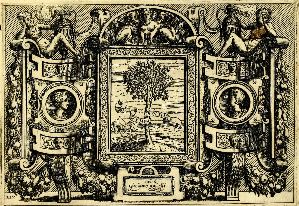 An illustration from Di Battista Pittoni pittore vicentino ano. M.D.LXVIII Impresse di diversi prencipi, dvchi, signori, e d'altri personaggi et hvomini letterati et illvstri. Con priuillegio di Venetia per anni XV. Con alcune stanze del Dolce che dichiarano i motti di esse imprese, 1562, leaf 176