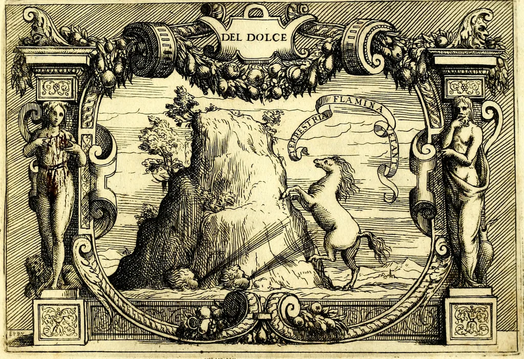 An illustration from Di Battista Pittoni pittore vicentino ano. M.D.LXVIII Impresse di diversi prencipi, dvchi, signori, e d'altri personaggi et hvomini letterati et illvstri. Con priuillegio di Venetia per anni XV. Con alcune stanze del Dolce che dichiarano i motti di esse imprese, 1562, leaf 180