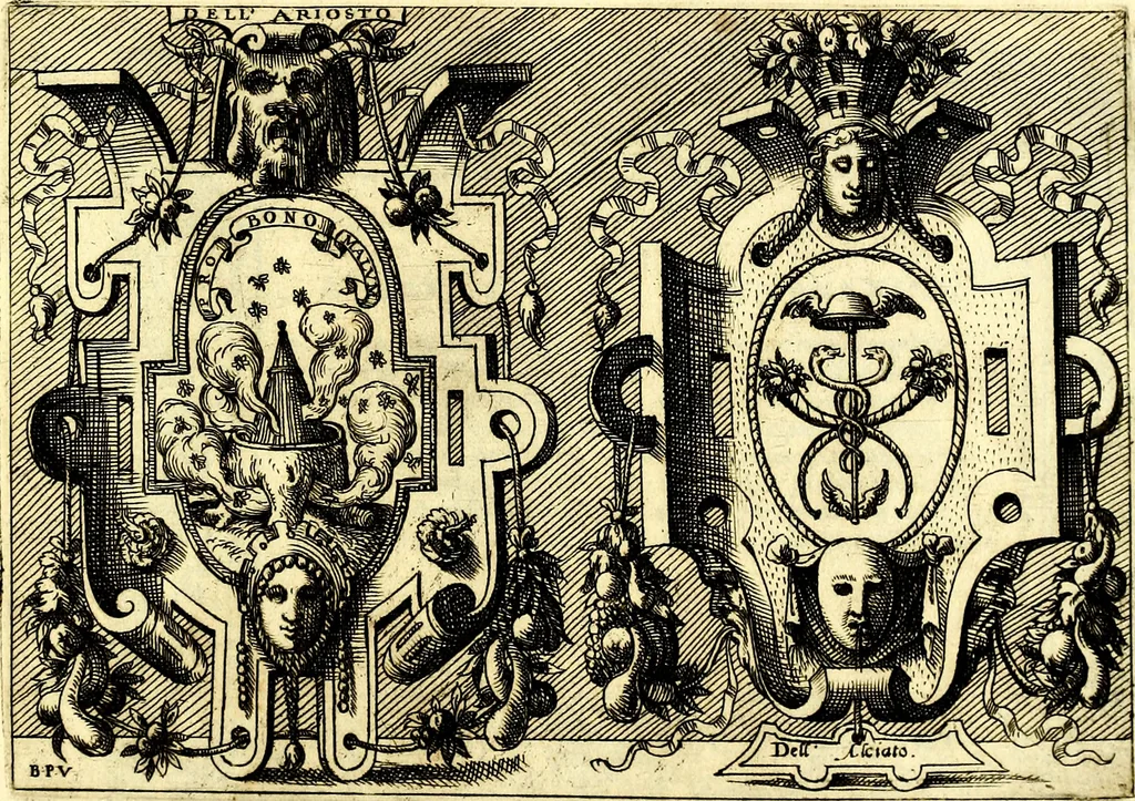 An illustration from Di Battista Pittoni pittore vicentino ano. M.D.LXVIII Impresse di diversi prencipi, dvchi, signori, e d'altri personaggi et hvomini letterati et illvstri. Con priuillegio di Venetia per anni XV. Con alcune stanze del Dolce che dichiarano i motti di esse imprese, 1562, leaf 184