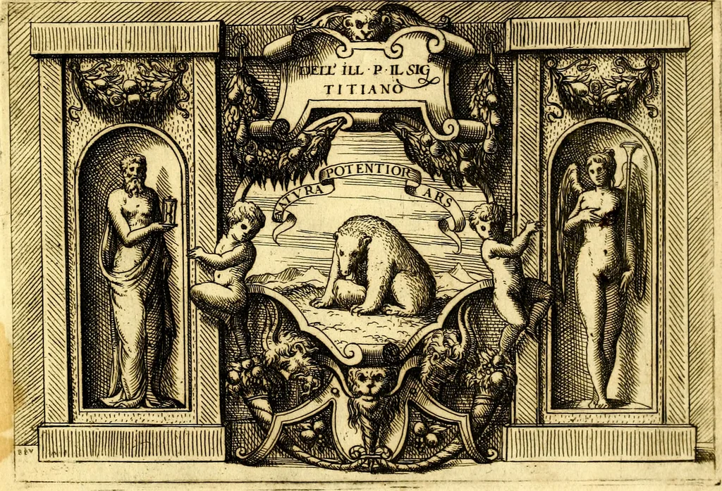 An illustration from Di Battista Pittoni pittore vicentino ano. M.D.LXVIII Impresse di diversi prencipi, dvchi, signori, e d'altri personaggi et hvomini letterati et illvstri. Con priuillegio di Venetia per anni XV. Con alcune stanze del Dolce che dichiarano i motti di esse imprese, 1562, leaf 208