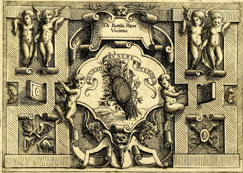 An illustration from Di Battista Pittoni pittore vicentino ano. M.D.LXVIII Impresse di diversi prencipi, dvchi, signori, e d'altri personaggi et hvomini letterati et illvstri. Con priuillegio di Venetia per anni XV. Con alcune stanze del Dolce che dichiarano i motti di esse imprese, 1562, leaf 212