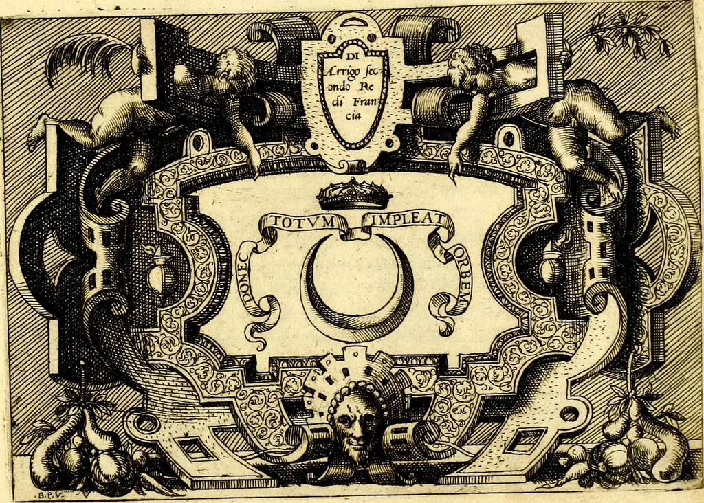 An illustration from Di Battista Pittoni pittore vicentino ano. M.D.LXVIII Impresse di diversi prencipi, dvchi, signori, e d'altri personaggi et hvomini letterati et illvstri. Con priuillegio di Venetia per anni XV. Con alcune stanze del Dolce che dichiarano i motti di esse imprese, 1562, leaf 28