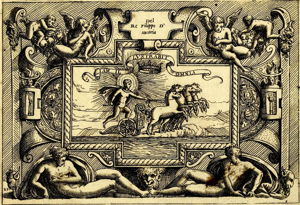 An illustration from Di Battista Pittoni pittore vicentino ano. M.D.LXVIII Impresse di diversi prencipi, dvchi, signori, e d'altri personaggi et hvomini letterati et illvstri. Con priuillegio di Venetia per anni XV. Con alcune stanze del Dolce che dichiarano i motti di esse imprese, 1562, leaf 32