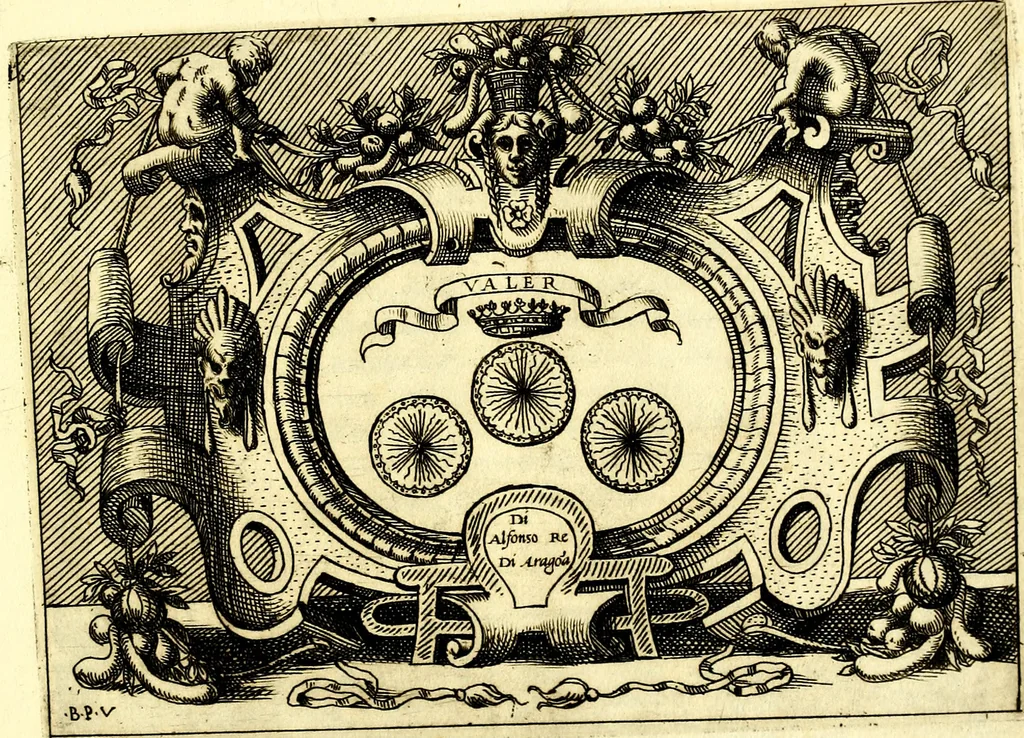 An illustration from Di Battista Pittoni pittore vicentino ano. M.D.LXVIII Impresse di diversi prencipi, dvchi, signori, e d'altri personaggi et hvomini letterati et illvstri. Con priuillegio di Venetia per anni XV. Con alcune stanze del Dolce che dichiarano i motti di esse imprese, 1562, leaf 36