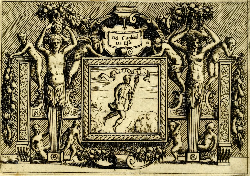 An illustration from Di Battista Pittoni pittore vicentino ano. M.D.LXVIII Impresse di diversi prencipi, dvchi, signori, e d'altri personaggi et hvomini letterati et illvstri. Con priuillegio di Venetia per anni XV. Con alcune stanze del Dolce che dichiarano i motti di esse imprese, 1562, leaf 40